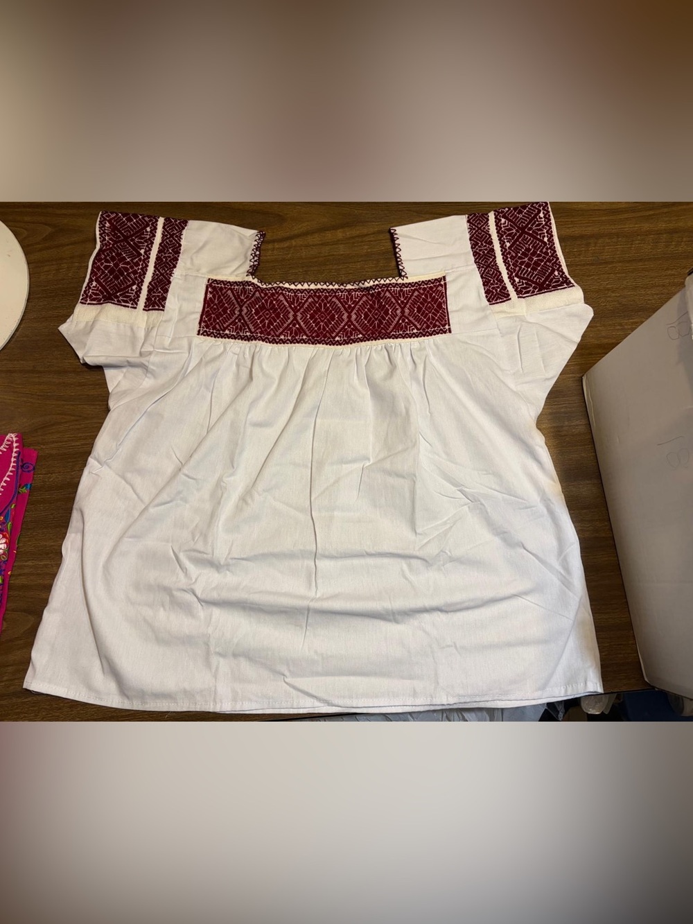 White Peasant Blouse with Burgundy Embroidered Yoke